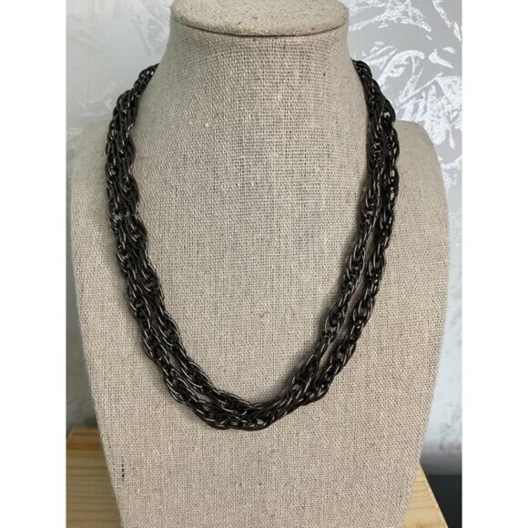 Chunky Gunmetal Twist Chain Necklace Double Layer Statement Jewelry For Women - Picture 1 of 3